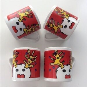 Vintage NEW Espresso Christmas Reindeer Coffee Cups SET OF 4 Whimsical Holiday